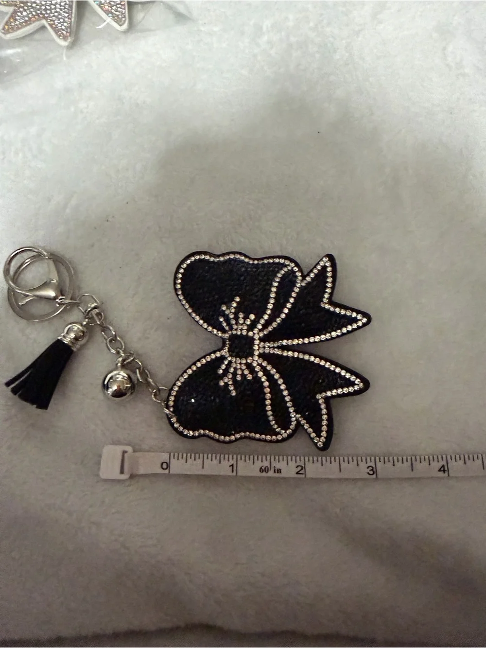 Black Bow w/ White Rhinestones Trim Tassel Keychain Charm